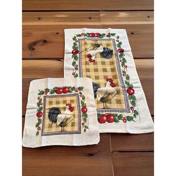 Vintage Printed Cotton Terry Cloth Rooster Dish Towel and Wash Cloth NWOT - Picture 1 of 5